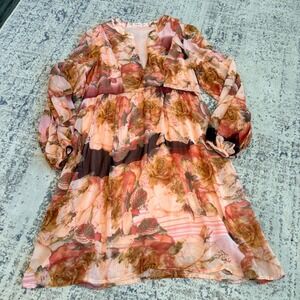 TRAFFIC PEOPLE Floral Long Sleeve V-Neck Midi Dress Womens Size S Pink Brown